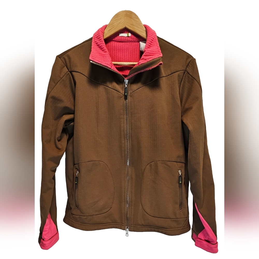[IZOD] Warm Brown Vibrant Pink Waffle Fleece Lining Zip Up Jacket Women Medium
